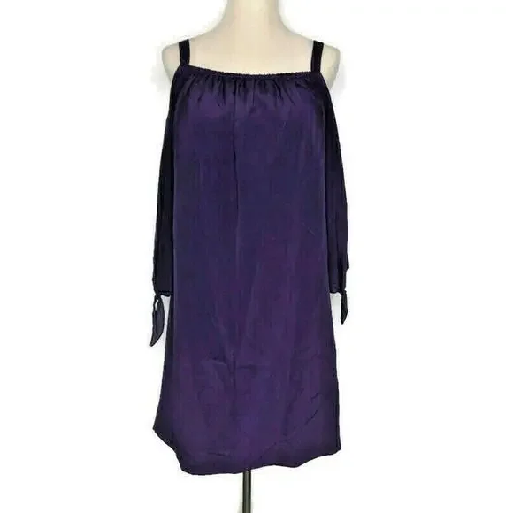 Madewell Womens 100% Silk Cold Shoulder Shift Short Dress Tunic Purple Lined 0 - Picture 2 of 8